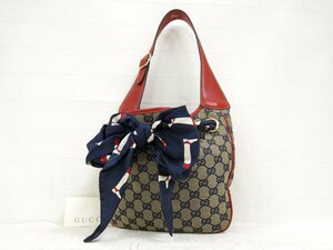 ◆美品◆GUCCI グッチ◆スカーフ◆GGキャンバス カーフ レザー 本革◆ワン ショルダー バッグ◆ベージュ 紺 赤 G金具◆イタリア製◆A4888