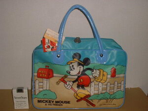 ミッキーマウスの古いバッグ　ビニールコート　水色系　日本製　未使用　トート　　レトロ　