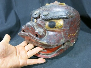 A　獅子頭　江戸時代　神社　面　木彫　祭り　奉納　神道　信仰