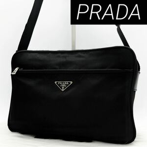 【美品】 PRADA プラダ ショルダーバッグ カメラバッグ 肩掛け 斜め掛け 三角ロゴ ナイロン レザー ポコノ ユニセックス ブラック 黒