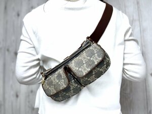 美品 CELINE セリーヌ マカダム柄 ボディバッグ ウエストポーチ バッグ デニム×レザー 青系×茶 70531Y