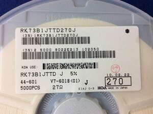 27Ω 5%　 【即決即送】　KOA チップ抵抗 RK73B1JTTD270J [351Rp/237918] 日本製 SMD CHIP RESISTOR 27 ohm 5%　 4934個セット