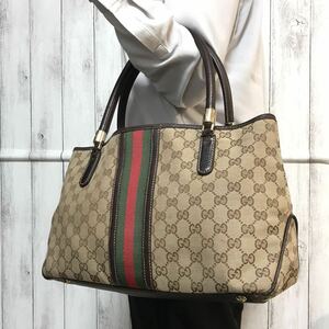 極美品●グッチ GUCCI トートバッグ ハンドバッグ GGキャンバス シェリーライン メンズ ビジネス 大容量 金具 レザー 本革 ブラウン 