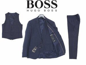 24万新品◆52=XL◆BOSS ヒューゴボス Marzotto社 SLIM FIT チェック柄ヴァージンウール 3ピーススーツ 濃青『H_Huge_3Pcs』1円