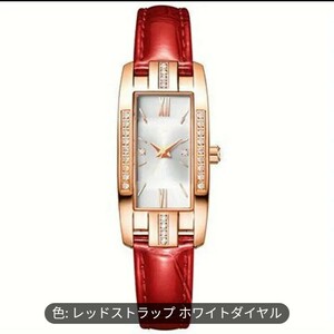 ★ラインストーンの装飾クォーツ時計エレガントな長方形ポインターアナログ腕時計 PU レザーストラップ　赤、白
