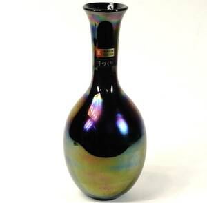 KURATA Craft Glass クラタクラフトガラス ハンドメイドフラワーベース ラスター彩 ブラック 高さ26㎝ 黒と光彩が織りなす美しい色彩 YKT