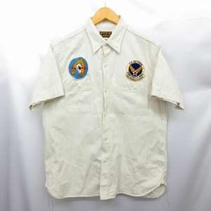 バズリクソンズ BUZZ RICKSON’S HERRINGBONE TWILL SQUADRON S/S SHIRT ワークシャツ 半袖 ワッペン オフホワイト Lサイズ相当