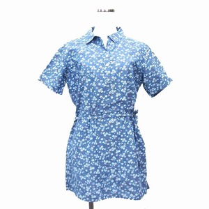 ポートランド Partland ポロシャツ チュニック スキッパーカラー コットン 綿 リボン 花柄 半袖 2 青 ブルー /NT32 レディース