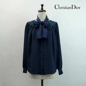 美品 Christian Dior クリスチャンディオール ハート柄 ノーカラーブラウスシャツ リボンタイ付き トップス レディース 紺 サイズM*MC285