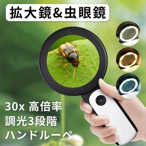 30倍 高倍率 拡大鏡 LEDライト付き 30倍 虫眼鏡 ルーペ 手持ちルーペ 高倍率 見やすい 拡大レンズ 調光3段階