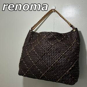 【renoma】レノマ 山羊革 ゴートレザー メッシュ ハンドバッグ ポーチ付き 手持ち かばん 茶 ブラウン