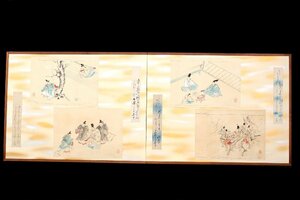 【董芸】江戸後期 浮世絵版画家 佐藤 正持 筆 風炉先 二曲 屏風 真作保証 倉敷蔵出品 [0041312]