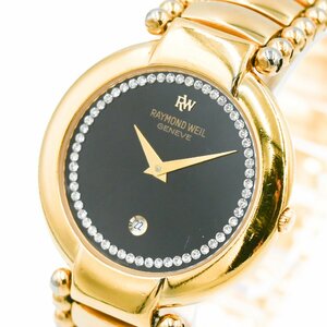 1円 稼働 RAYMOND WEIL レイモンドウィル 5352 ゴールド 18K GOLD ELECTROPLATED 石付 QZ クオーツ デイト 黒文字盤 腕時計 269420240409