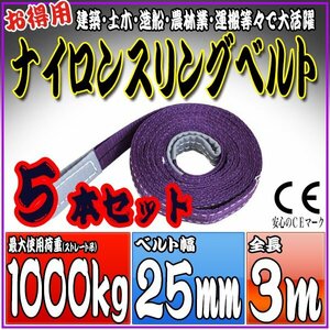 スリングベルト 5本セット 3m 幅25mm 使用荷重1000kg 1t 1.0t 吊りベルト ベルトスリング ［ナイロンスリング 吊上げ ロープ 牽引 運搬］