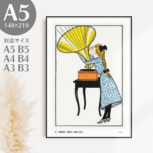 BROOMIN アートポスター オーカルーソ モーリッツ・ジャング リトグラフ 北欧風インテリア 女の子 蓄音機 A5 148×210mm AP070