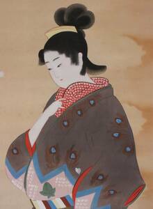 美人画　絹本　肉筆画　美しい和服の女性　在銘　時代　古美術　書画　Ｈ　日本画　美術品　掛軸　彩色　