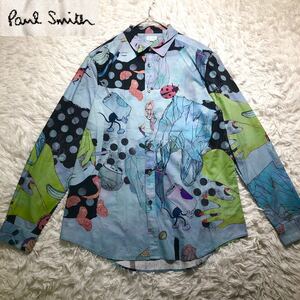 【美品】PAUL SMITH ポールスミス 総柄　長袖シャツ　マルチカラー　XL 綿100% ブルー　日本製　てんとう虫　缶　大きいサイズ