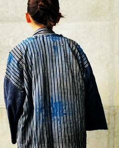 抜群 擦れ 溶け フェード 長着 羽織 野良着 藍染 格子 浅葱 和ガウン JAPAN VINTAGE ジャパンヴィンテージ 30s40s 襤褸 BORO 日本の古い服