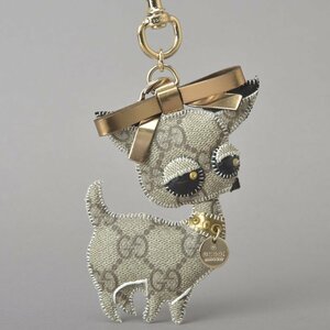 美品 GUCCI グッチョリ チワワ GGプラス キーホルダー バッグチャーム 206081 ベージュ ゴールド グッチ キーリング 犬 動物 Mk.i/a.d