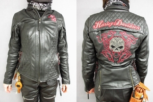 S 美品 ハーレーダビッドソン レディース「Scroll Skull」レザージャケット ライダース Harley-Davidson 女性 スカル 