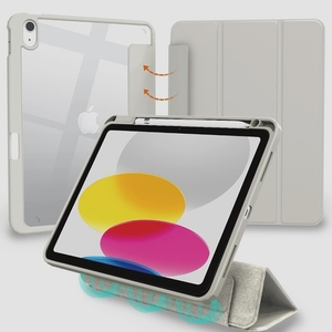 送料無料★MS factory iPad 第10世代 ケース 背面透明 ペン収納 耐衝撃カバー オートスリープ (ライトグレー)