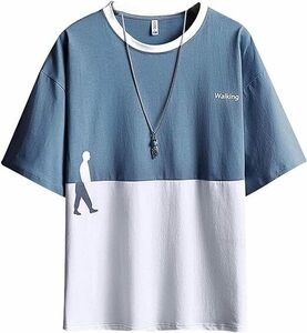 カラーブロック Tシャツ メンズ 半袖 ゆったり カットソー tシャツ　サイズXL　ライトブルー