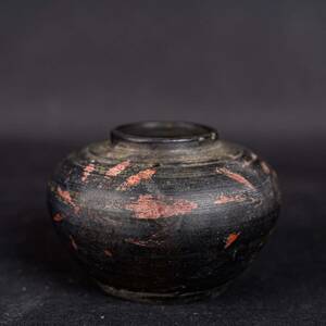 【後】AB011 黒釉唐草文茶入 古美術 骨董品 古玩 時代物 古道具 中国美術品 朝鮮美術品 日本美術品