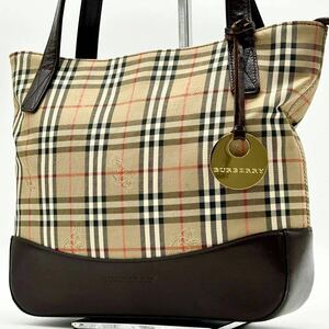 ●高級●BURBERRY バーバリー ミニバッグ ハンドバッグ トート 鞄 かばん ノバチェック ホースロゴ チャーム キャンバス レザー ベージュ