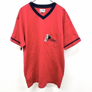 アダバット adabat Tシャツ 犬の刺繍 アニマル 動物 英字 ロゴ Vネック 半袖 胸ポケット 日本製 綿100% M レッド×ネイビー 赤 メンズ 男性