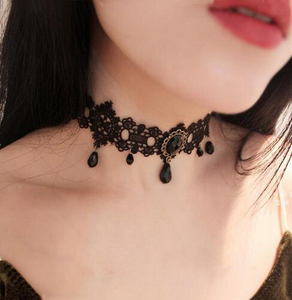 訳あり チョーカー ネックレス レース 黒色 ブラック ストーン レディース ゴスロリ パーティー Choker 首輪