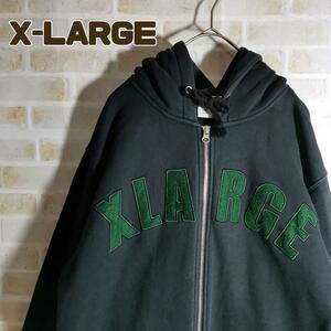 X-LARGE エクストララージ パーカー ジップアップ 刺繍 ロゴ 黒 緑