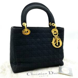 AY0960■Christian Dior クリスチャンディオール レディディオール カナージュ ハンドバッグ ナイロン キルティング ブラック ゴールド金具