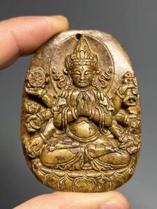 仏教美術 天然玉石 手彫り 細工彫 千手観音像 根付 お守り 縁起物 玉佩