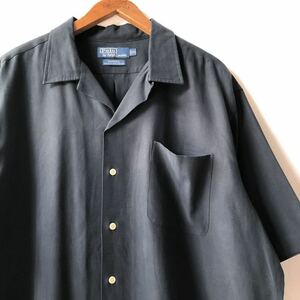 黒! デッドストック! 90s Polo by Ralph Lauren シルク コットン ループカラー 半袖 シャツ XL ブラック ビンテージ 90年代 ラルフローレン