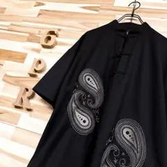 稀少【ノットコンベンショナル】ペイズリー チャイナ ハーフ 半袖シャツ黒×グレー