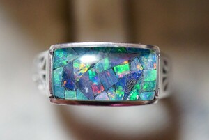 343 モザイクオパール リング 指輪 ヴィンテージ アクセサリー 18K刻印 メッキ アンティーク opal 宝石 カラーストーン 装飾品
