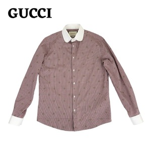 中古 グッチ GUCCI 長袖 シャツ チェック柄 クレリック Duke BEE 蜂 イタリア製 メンズ Mサイズ 相当