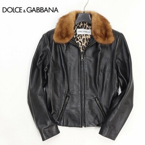 【T396】◆DOLCE&GABBANA/ドルチェ＆ガッバーナ 裏地レオパード柄 衿ファー ジップ レザー ジャケット ブラック 42