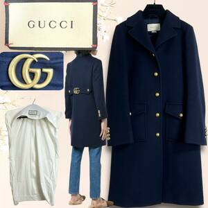 ☆即完売モデル☆GUCCI グッチ GGマーモント GG Marmont ロング チェスターコート 38 ネイビー 紺 NAVY ITALY イタリア製 金釦 金ボタン