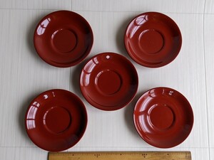 漆器 茶托 茶道具 5枚　喜門　痛みあり　朱漆　うるし塗　JAPAN