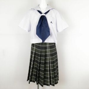 1円 セーラー服 チェックスカート スカーフ 上下3点セット 夏物 白3本線 女子 学生服 兵庫上郡高校 白 制服 中古 ランクC EY8487