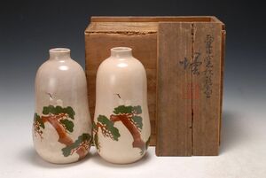 3345　明治期　京焼　京薩摩　粟田窯松鶴壷　徳利　萬珠堂　希少品　栗田焼