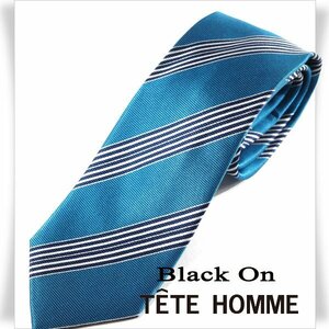 新品1円～★Black On TETE HOMME テットオム シルク絹100％ ネクタイ ストライプ ブルー 正規店本物◆1145◆