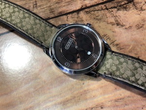 良品程度 COACH コーチ SWISS QUARTZ 0291.1 シグネチャー デイト ロゴダイアル・純正革ベルト ブロンズカラー クオーツ メンズ 腕時計