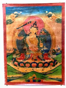 チベット タンカ　絹本　肉筆　仏画　文殊菩薩　仏教美術 密教　マンダラ