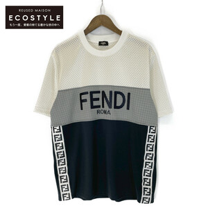 FENDI フェンディ 22年製 FAF649AL49 ホワイト×ブラック サイドテープ メッシュロゴカットソー トップス M メンズ