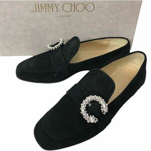 j240 美品 JIMMY CHOO ジミーチュウ スエードレザー ビジュー ローファー パンプス レザーシューズ 革靴 ブラック 34 イタリア製 正規品