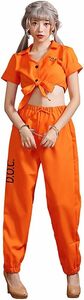 送料無料 新品 囚人服 オレンジ セクシー コスプレ レディース 仮装 手錠付き 大人用 5点セット タトゥーシール付き C015