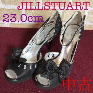 【売り切り!送料無料!】A-190 JILLSTUART!23.0cm!ヒール8cm!パンプス!オープントゥ!ストラップパンプス!ブラック!リボン付き!中古!