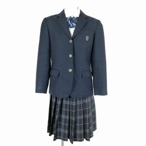 1円 ブレザー チェックスカート リボン 上下4点セット 大きいサイズ 冬物 女子 学生服 大阪西寝屋川高校 紺 制服 中古 ランクB NA0154